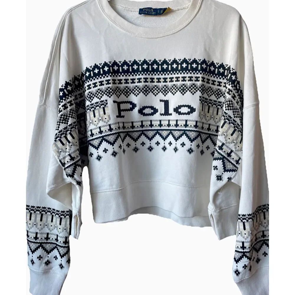 New Polo Ralph Lauren Logo Women's Geo-motif Terry Crop Pullover Size Large